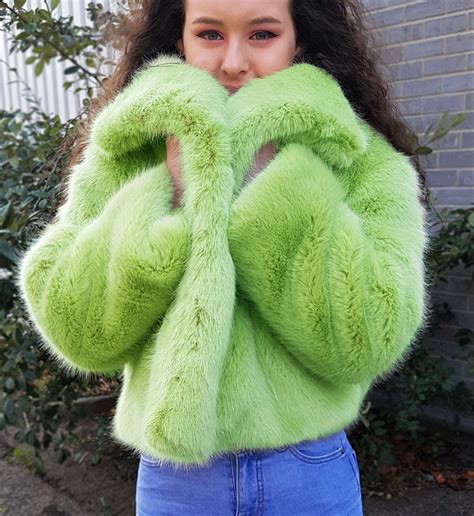 Neon Green Faux Fur Coat Cropped Jacket Green Fur Coat Green Faux