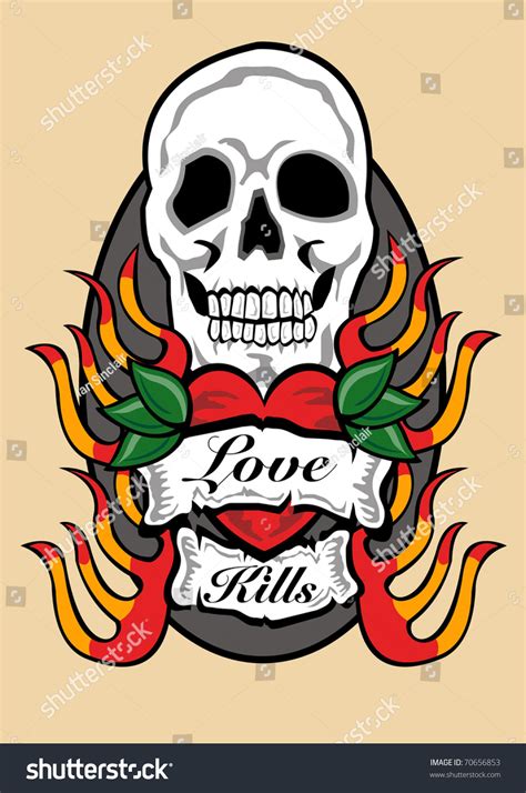 Tattoo Design Skull Heart Flames Scrolls Vector De Stock Libre De
