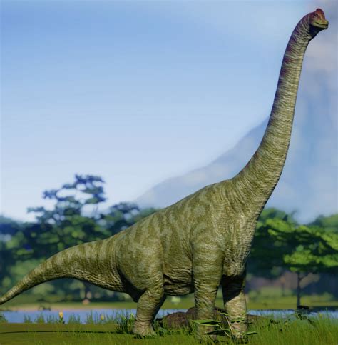 A Large Dinosaur Standing On Top Of A Lush Green Field