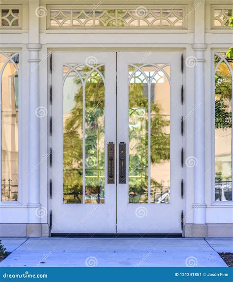 Reflective Glass Windows On Outside Wooden Door Stock Image Image Of