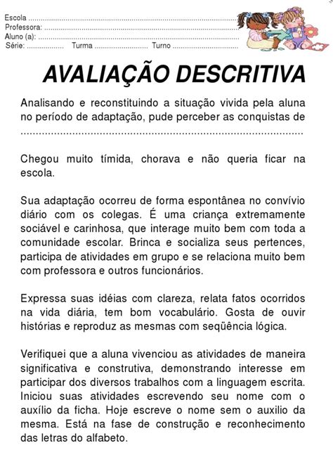 Avaliação Descritiva Modelo Aprendendo Com A Tia Debora