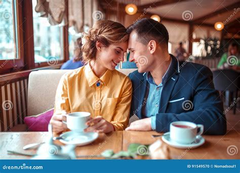 Happy Couple Romantic Date In Restaurant Stock Photo Image Of