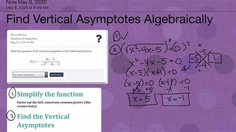 Set your denominators to 0. Find Vertical Asymptotes Algebraically - YouTube