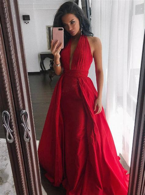Sexy Side Slit Red Satin Long Prom Dresses Illusion Neck Party Gowns