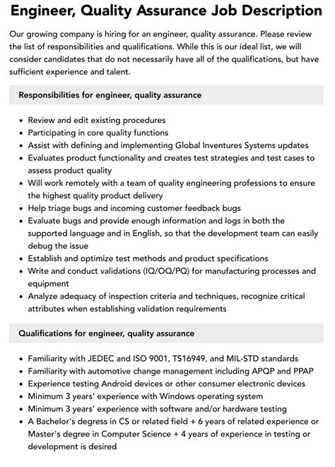 Engineer Quality Assurance Job Description Velvet Jobs