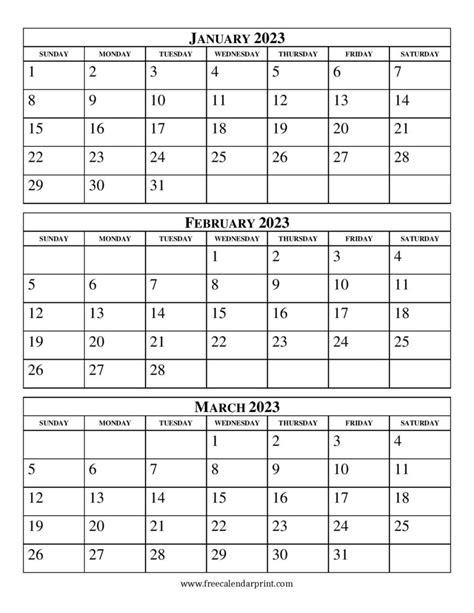 January February March 2023 Calendar Printable Free 2023 Calendar