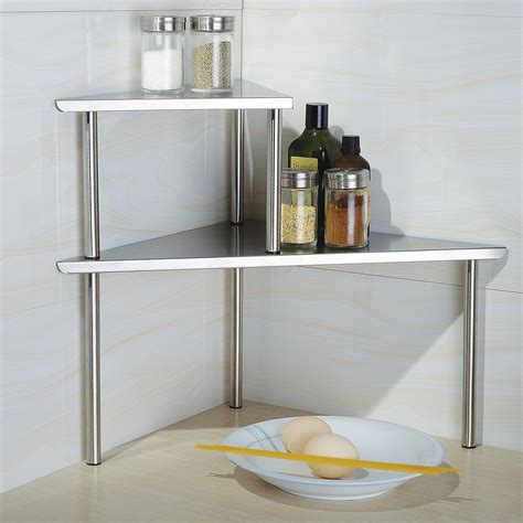 The 3 tier corner shelving rack is perfect for organizing any kitchen counter, bathroom or closet with its compact and convenient design. 2-Tier Corner Storage Shelf Stainless Steel Caddy ...