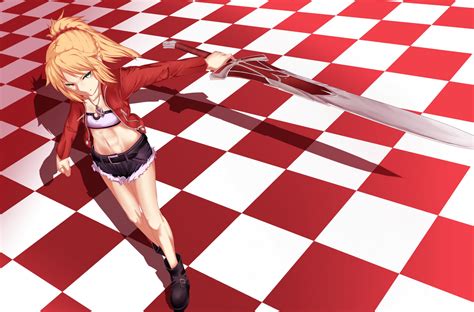 Wallpaper Illustration Blonde Long Hair Anime Girls Red Green Eyes Weapon Pattern