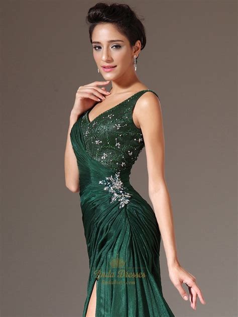 Emerald Green Chiffon V Neck Beaded Prom Dress With Side Draped Bodice