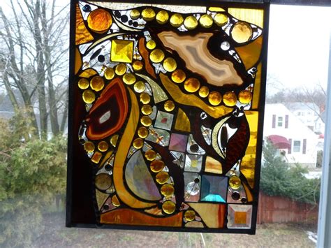 Hand Made Amber Colored Stained Glass Abstract Art Panel By Glass
