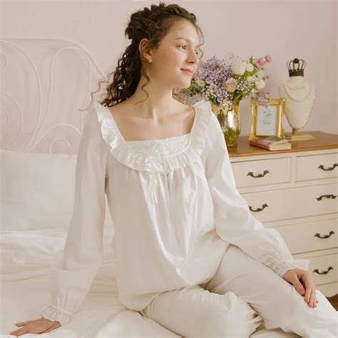 women pajamas cotton pajamas suit vintage royal sleepwear set sweet princess pajamas white