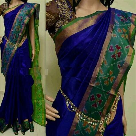 Pure Uppada Silk Saree With Ikkat Pochampally Border Blue Etsy Soft Silk Sarees Blue Silk