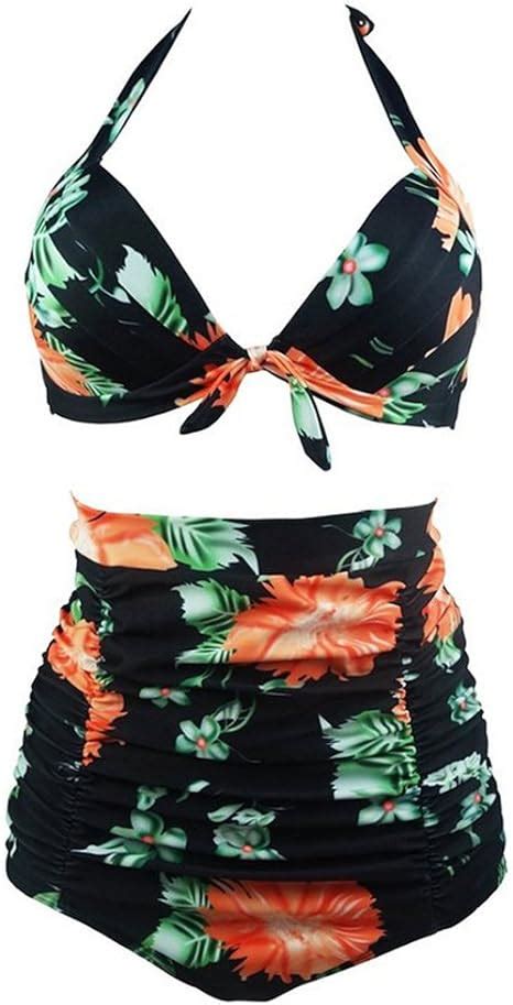 Arrowhunt Womens Retro S Floral Halter High Waist Bikini Set Black Asian Xl Uk Amazon Co