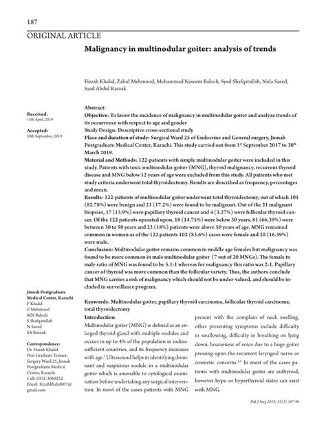 Pdf Malignancy In Multinodular Goiter Analysis Of Trends