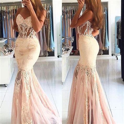 Nude Sheer Sweetheart Mermaid Lace Applique Long Tulle Prom Dresses