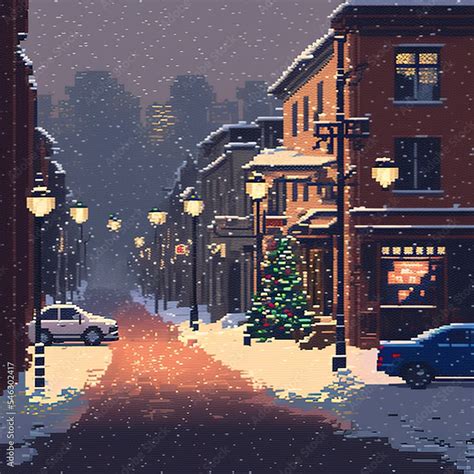 Pixel Christmas Snow Evening On A Old Cozy City Street Snowfall Warm
