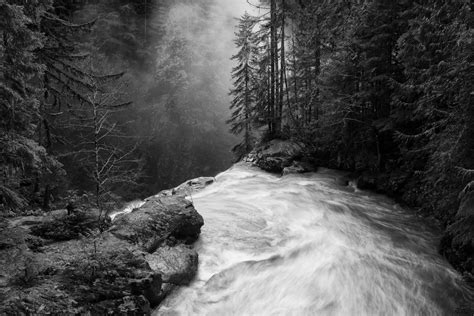 Nature Landscape Waterfall Forest Mist Morning Sunlight Monochrome Wallpapers Hd