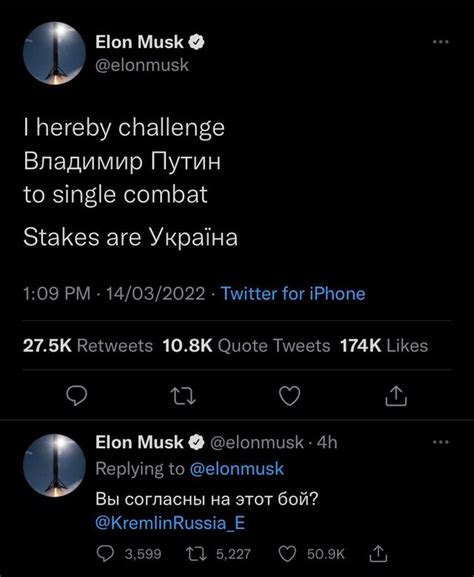 Elon Musk Challenges Putin To Fight With Ukraine As The Prize Whos