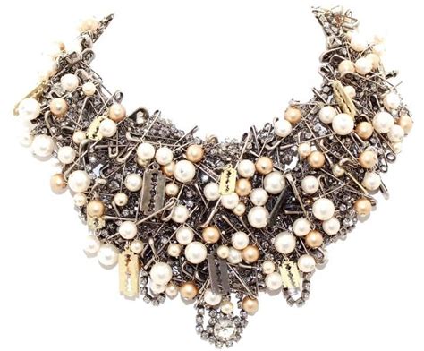 Crystal Multi Safety Pins And Pearls Bib Necklace By Tom Binns Pearl Bib Necklace Jewelry