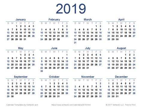 2019 Printable Calendar Templates Online