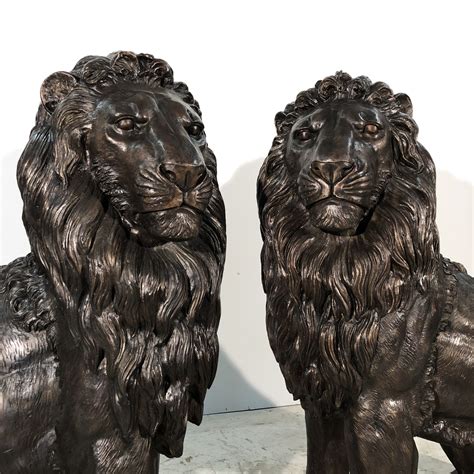 Bronze Large Sitting Lion Sculpture Pair Metropolitan Galleries Inc