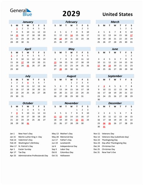 2029 United States Calendar With Holidays
