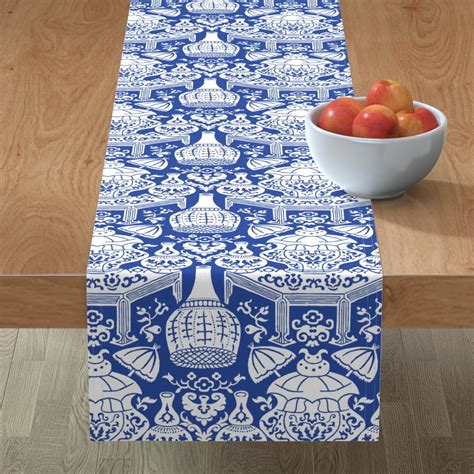 Table Runner Chinoiserie Asian Art Inspired Blue And White Cotton
