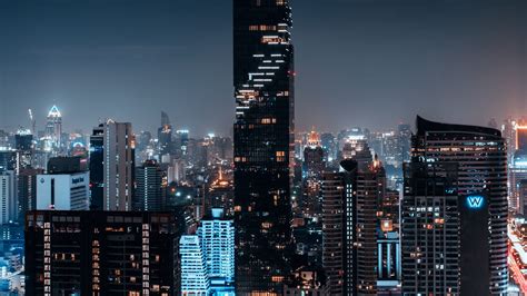 Night City Buildings Aerial View Architecture Metropolis 4k Hd