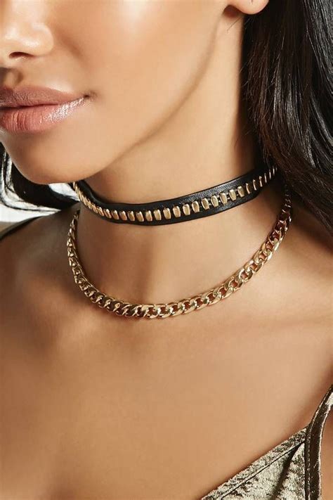 Forever 21 Chain Faux Leather Choker Set Leather Chokers Chokers