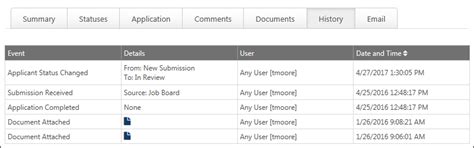 Applicant Profile Page History Tab