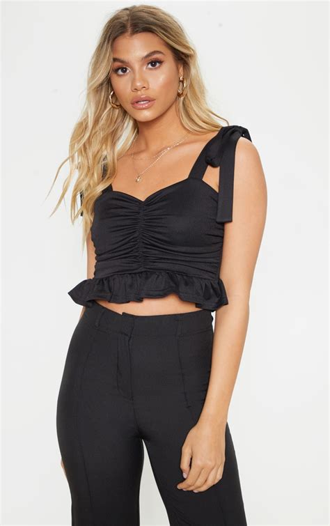 Black Ruched Tie Strap Crop Top Tops Prettylittlething