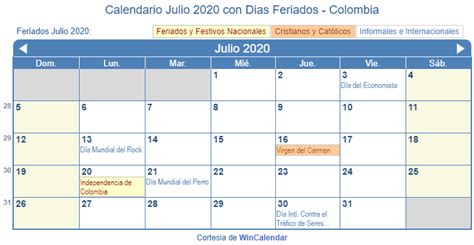 Calendario Julio 2020 Para Imprimir Colombia