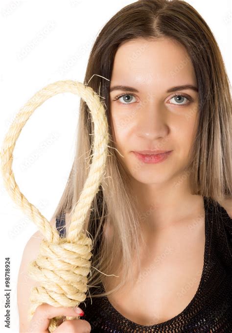 Domestic Violence Smiling Bizarre Young Woman With Noose Of Rope