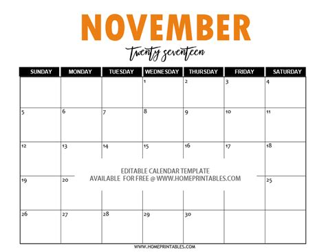 Editable November 2017 Calendar Home Printables