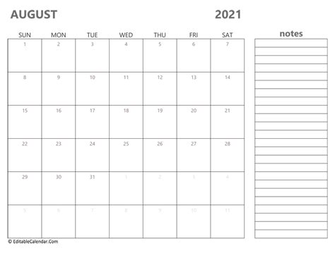 August 2021 Printable Calendar With Holidays