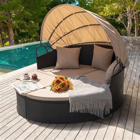 Tozey Chillrest Black Rattan Wicker Outdoor Patio Round Daybed With