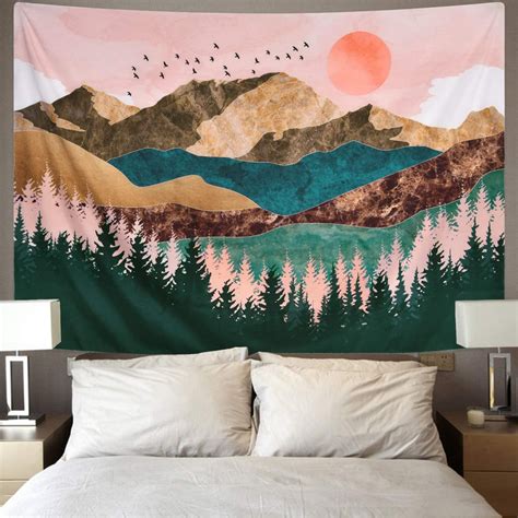Mountain Sunset Bohemian Tapestry Wall Hanging Tree Forest Nature