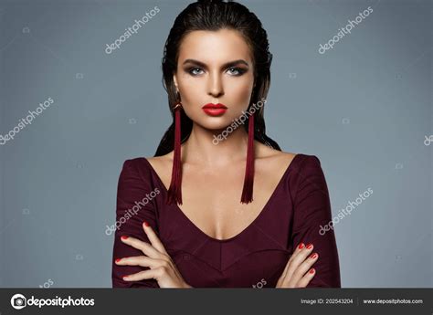 Portrait Stunning Woman Beautiful Makeup Wearing Long Red Earrings