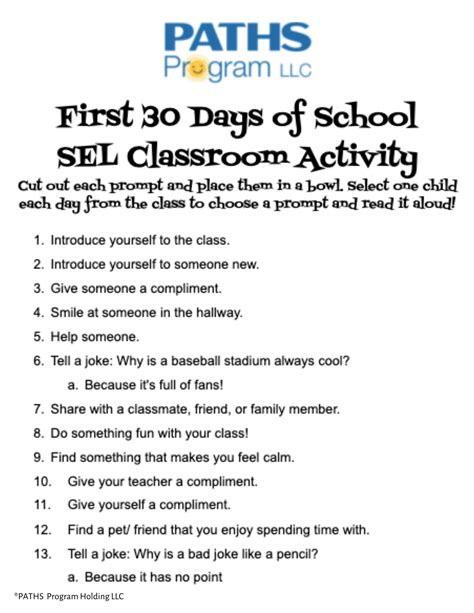 Printable First 30 Days Of School Sel Classroom Activity