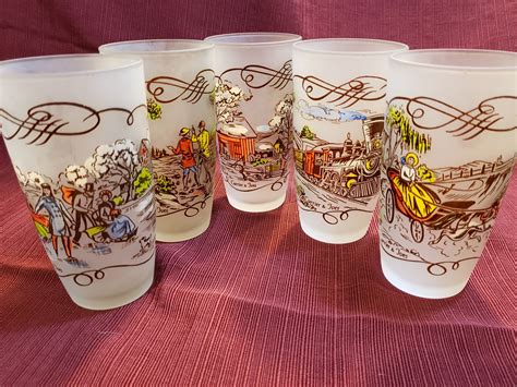 Vintage Currier And Ives Frosted Drinking Glass Set Of 5 Different