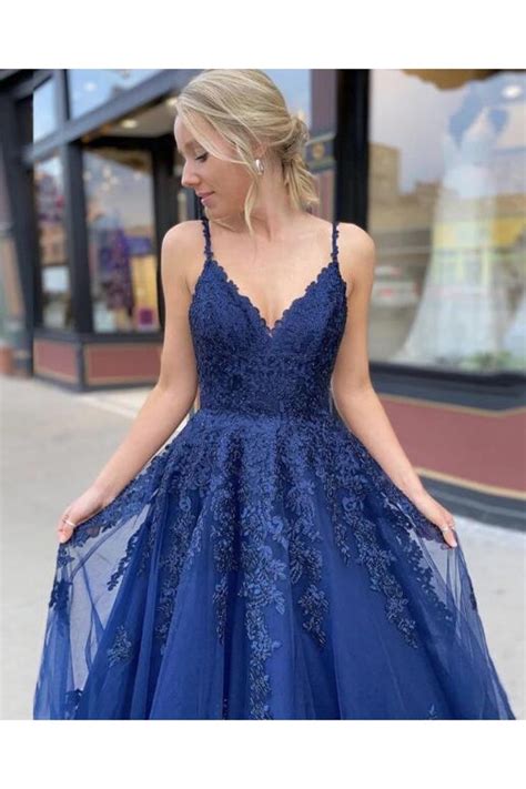 A Line Spaghetti Straps Lace V Neck Long Prom Dresses Formal Evening Gowns 601831 Blue Lace
