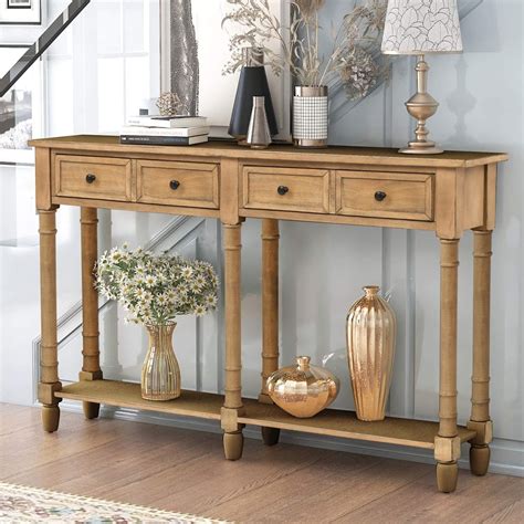 Retro Console Table Sofa Table For Entryway With Drawers And Shelf