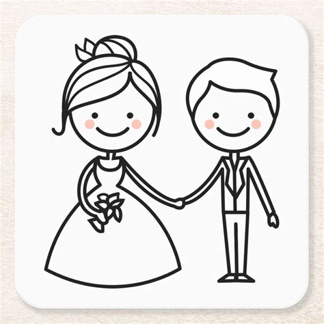 Cartoon Bride And Groom Black And White Wedding Square Paper Coaster
