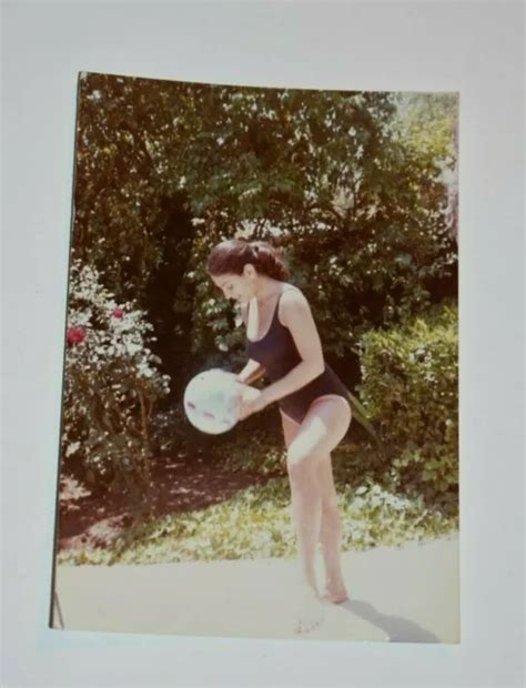 Candid Of Pretty Woman In Black Swimsuit With Ball Vintage Photograph