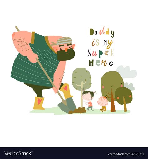 Father Planting Trees With His Children Royalty Free Vector