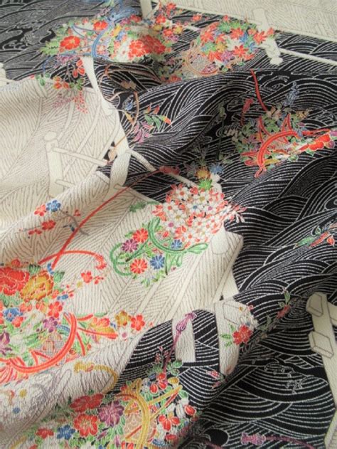 Japanese Pure Silk Cloth From Kyoto Black And Ivory Floral Etsy