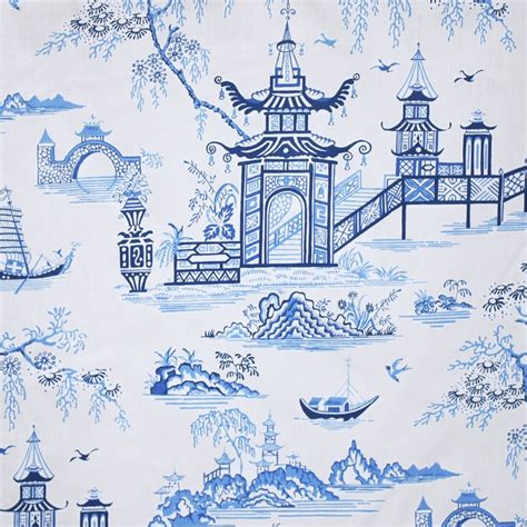 A Stunning Chinoiserie Toile Fabric In A Fresh Assortment Of Blues