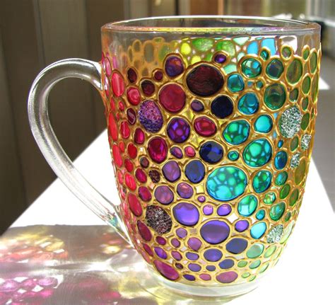 Hand Painted Coffee Mug Coloured Bubbles Glass Cup By Artmasha On Etsy