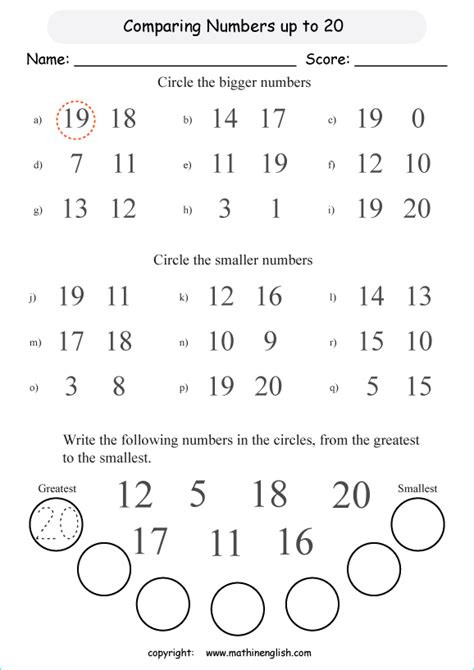 This coloring math worksheet gives your child practice finding 1 more and 1 less than numbers up to 20. Compare Numbers Up To 20 Grade 1 Math Worksheet For Math ...