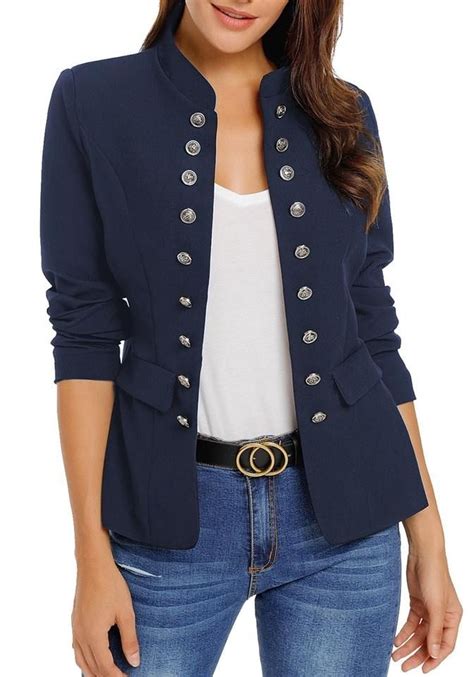 Navy Stand Collar Open Front Blazer Lookbook Store Blue Blazer Outfit